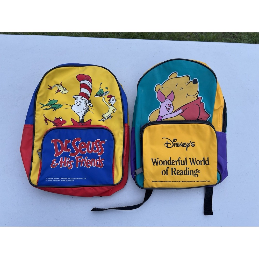 Vintage 1997 Dr Seuss & Winnie the Pooh Grolier Book Club Backpacks Set of 2